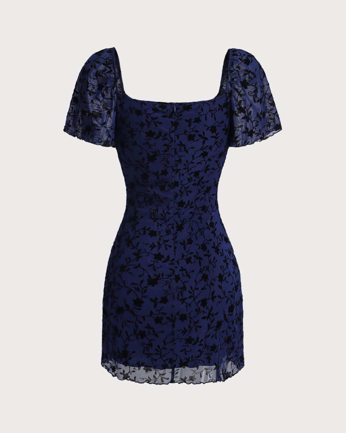 Blue Floral Square Neck Mesh Mini Dress Product Image
