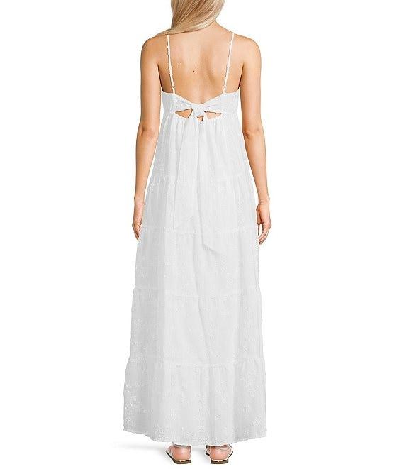 Midnight Doll Embroidered Spaghetti Strap Square Neck Bow Back Tiered Dress Product Image