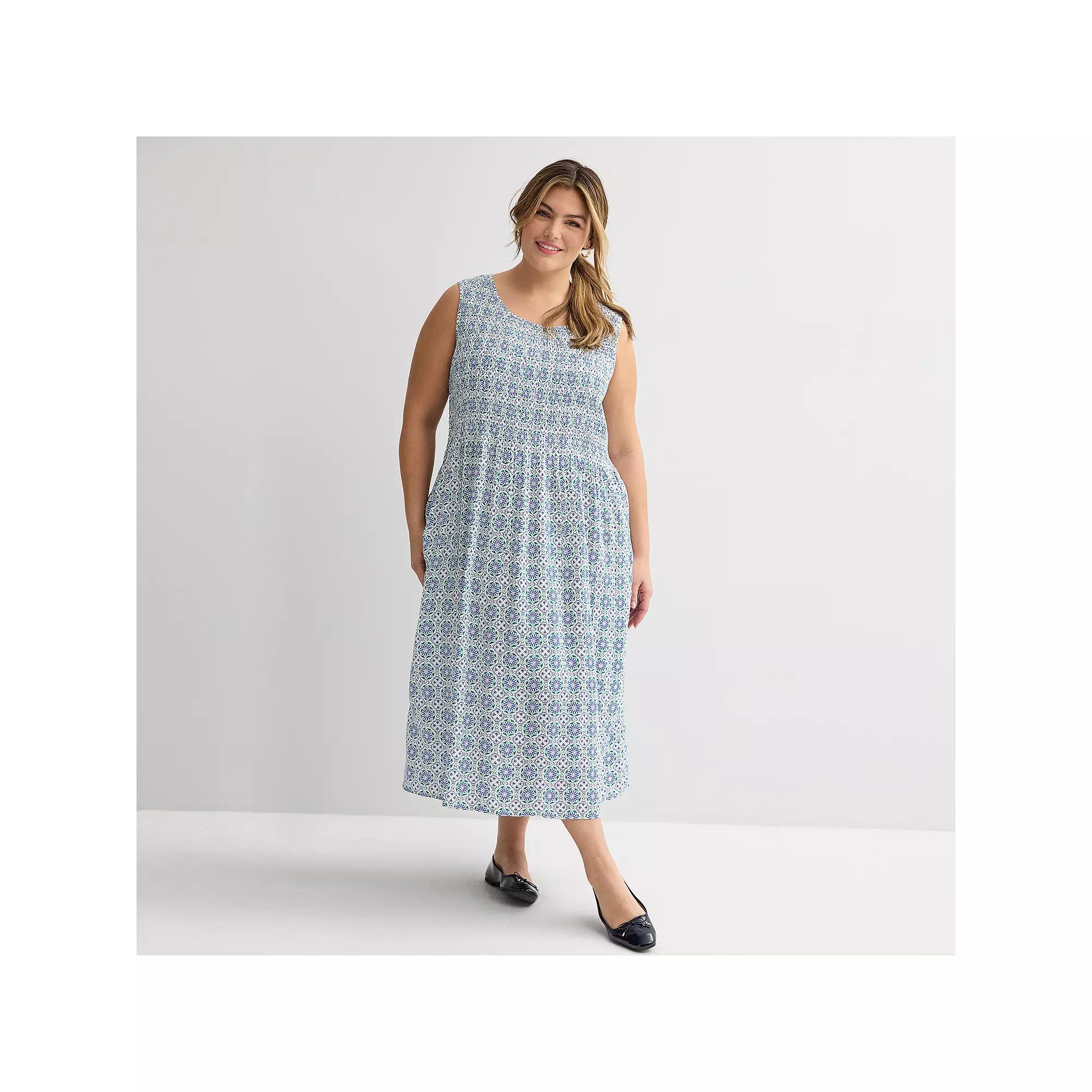 Plus Size Croft & Barrow® Smocked Midi Dress, Women's, Size: 4XL, White Blue Tile Block Product Image