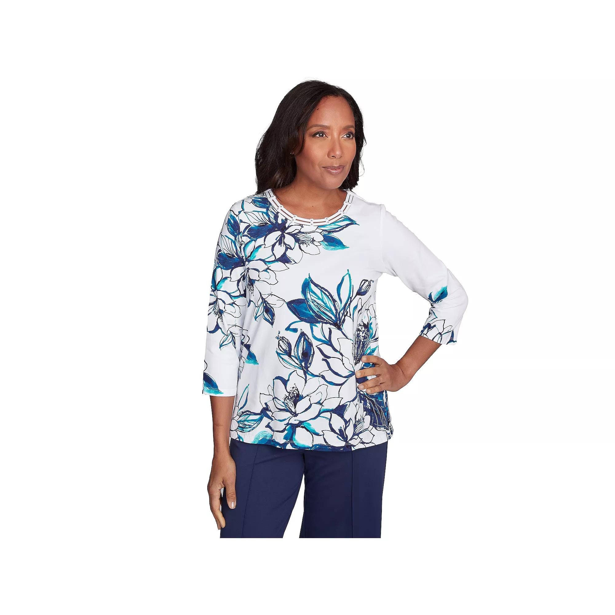 Women's Alfred Dunner Fineline Floral Three Quarter Sleeve Top, Size: Large, Marine Team Product Image