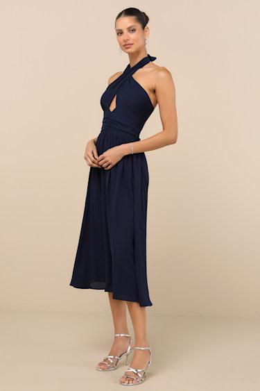 Emrah Navy Cross-Front Cutout Halter Midi Dress Product Image