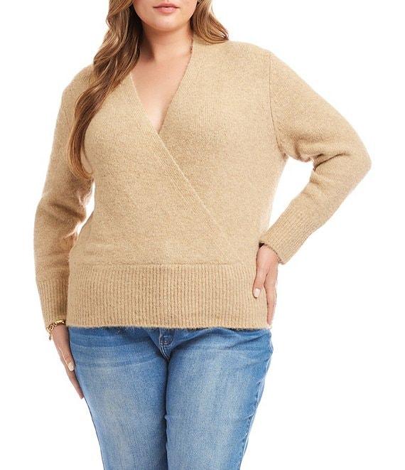 Karen Kane Plus Size Surplice V-Neck Long Sleeve Crossover Faux Wrap Knit Top Product Image