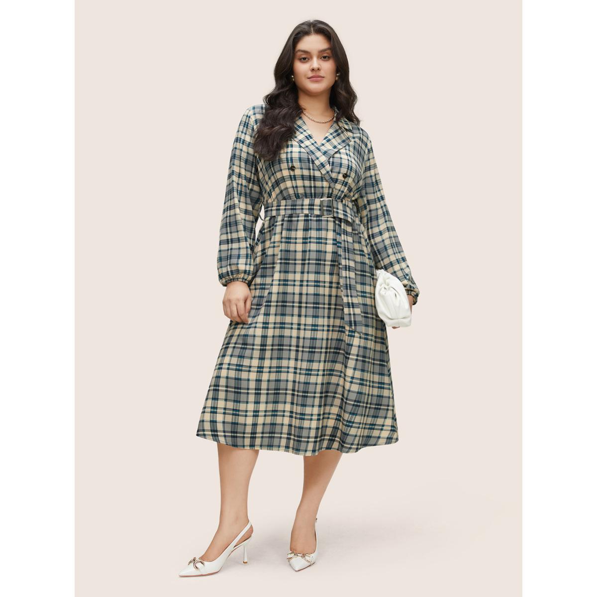 Plus Size Plaid Suit Collar Pocket Belted Dress Stone Women At the Office Non Suit Collar Long Sleeve Curvy Midi Dress BloomChic 28/5X Product Image
