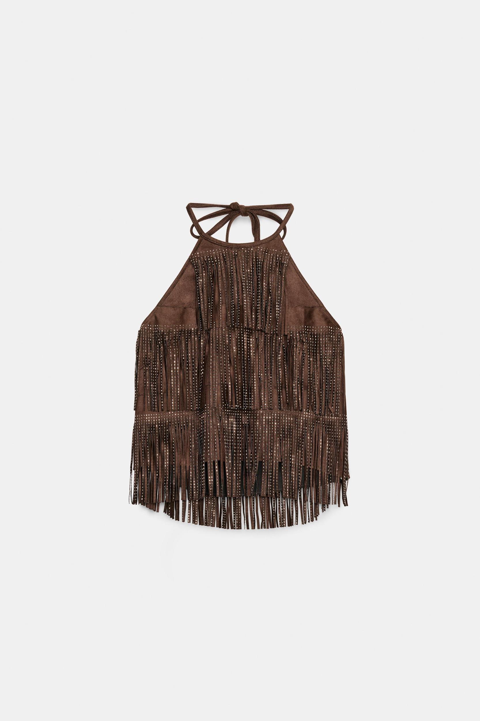 SHIMMER FAUX SUEDE FRINGE TOP Product Image