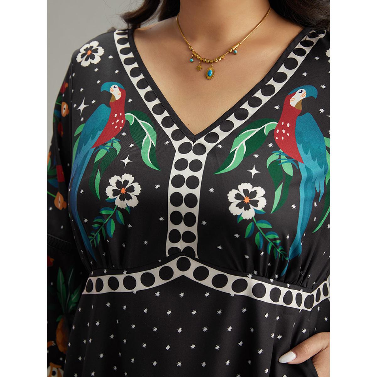 Plus Size Bandana Print Lantern Sleeve Ruffle Hem Dress Black Women Resort Printed V-neck Long Sleeve Curvy Midi Dress BloomChic 14-16/1X Product Image