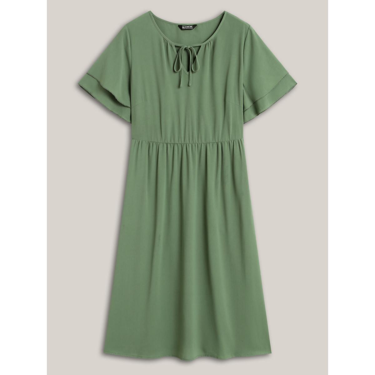 Plus Size Split Neck Tie Layered Sleeve Midi Dress ArmyGreen Women Casual Tie knot V-neck Short sleeve Curvy BloomChic 26/4X Product Image