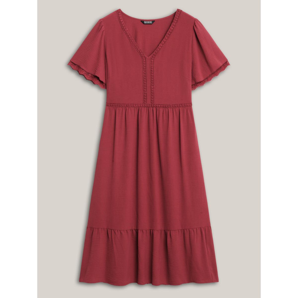 Plus Size Lace Trim Neck Sheer Pockets Maxi Dress Rust Women V-neck Short sleeve Curvy BloomChic 12/L Product Image