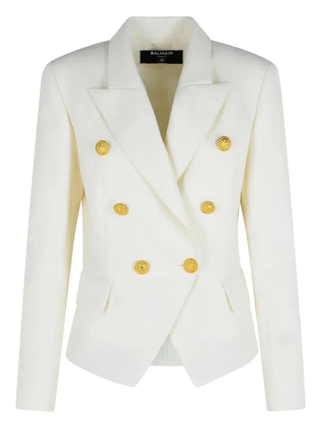 BALMAIN Double-breasted Structured Denim Blazer With Peak Lapel In White Product Image