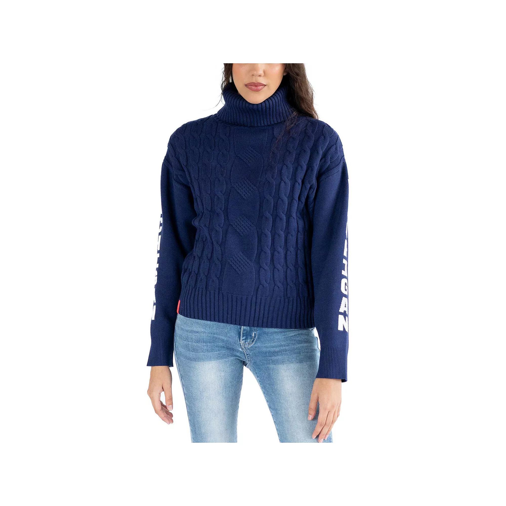 Women's Lusso Navy Michigan Wolverines Sylvie Cable Knit Turtleneck Pullover Sweater,  Product Image