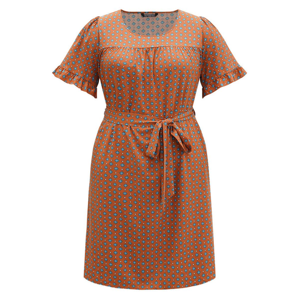 Plus Size Bandana Print Flutter Trim Pocket Belted Dress Chocolate Women Vacation Belted Round Neck Short sleeve Curvy Midi Dress BloomChic 14-16/1X Product Image