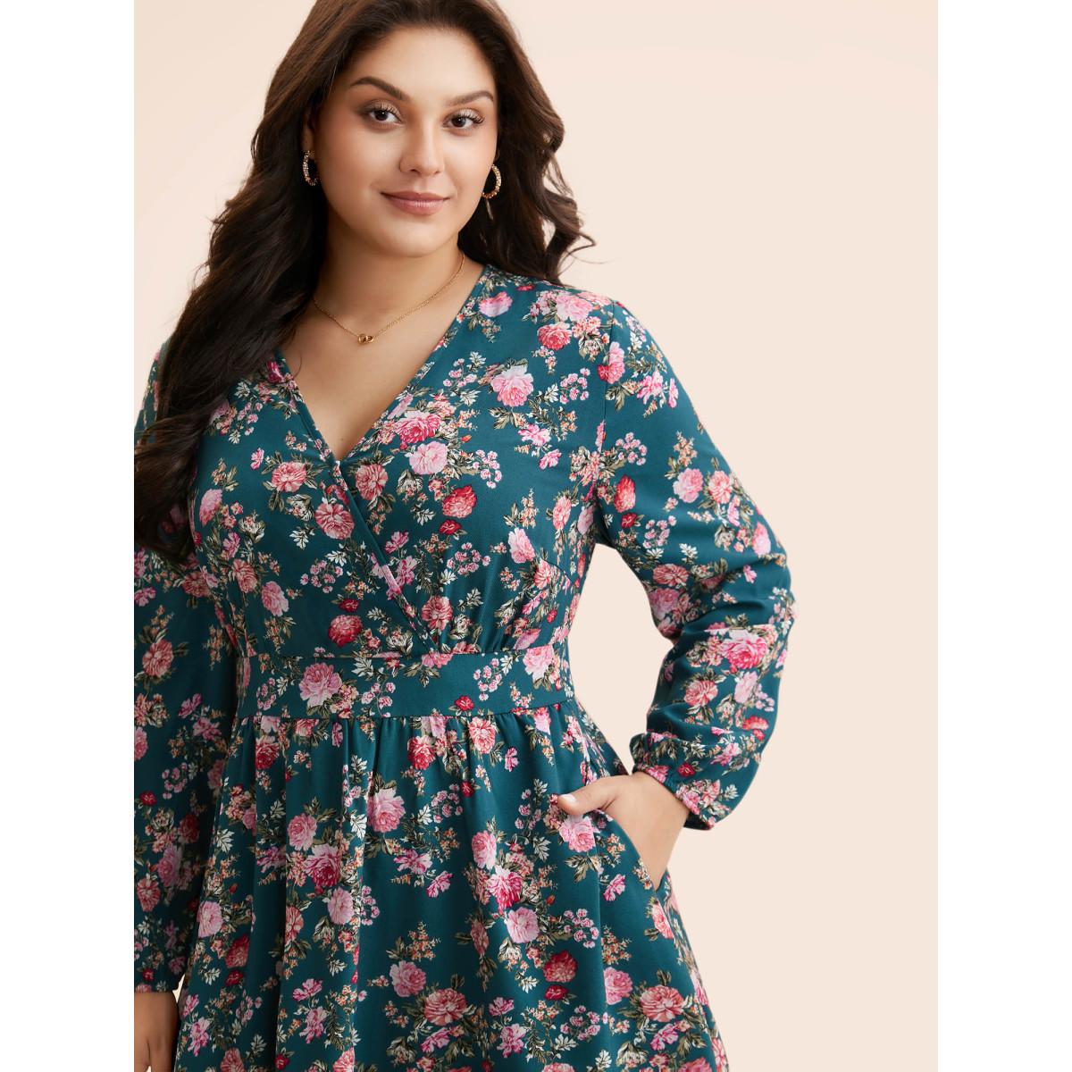 Plus Size Floral Overlap Collar Gathered Dress Aegean Women Elegant Shirred Overlap Collar Long Sleeve Curvy BloomChic 26/4X Product Image