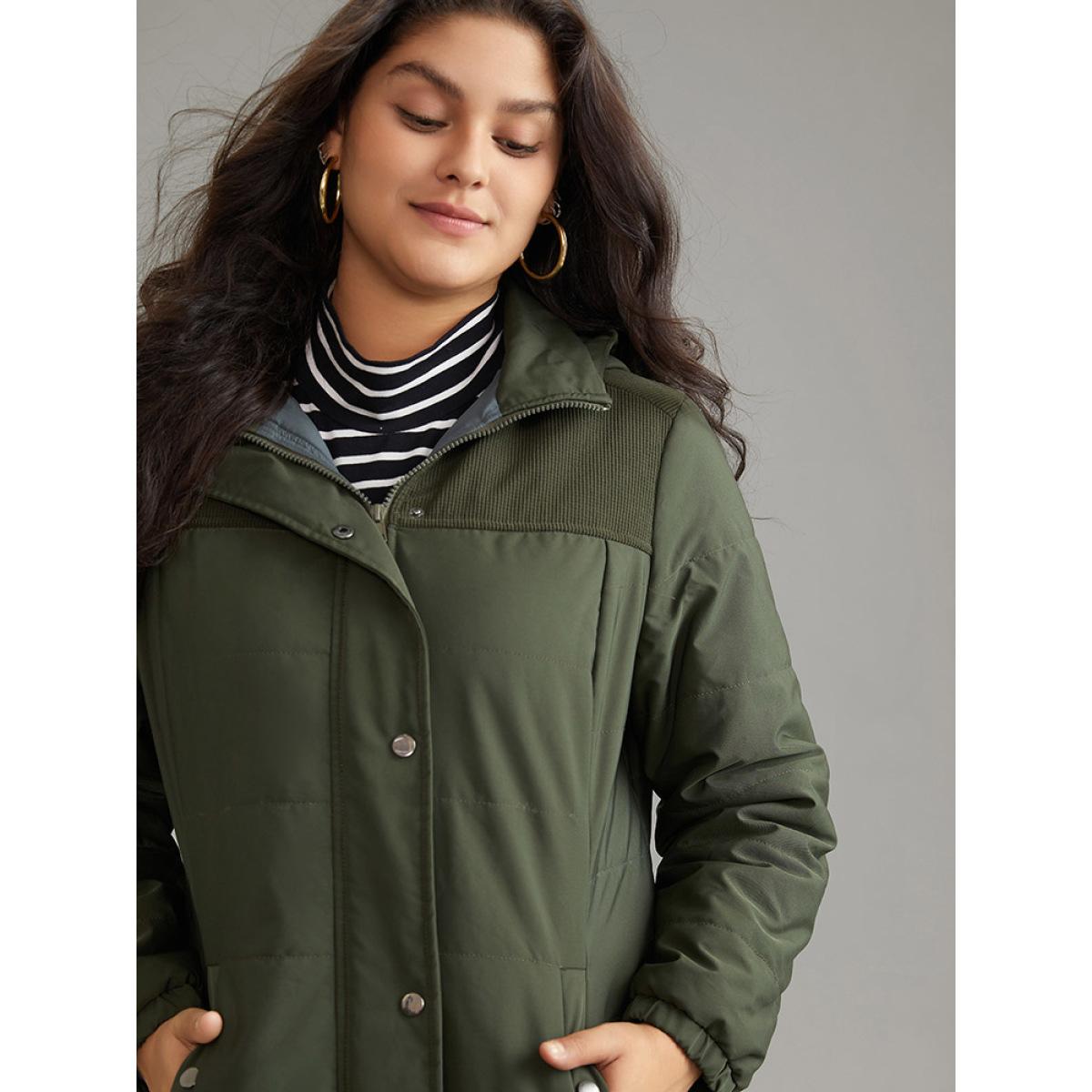 Plus Size Plain Patchwork Corduroy Zipper Padded Hooded Jacket Women ArmyGreen Lined Pocket Everyday Jackets BloomChic 12/L Product Image