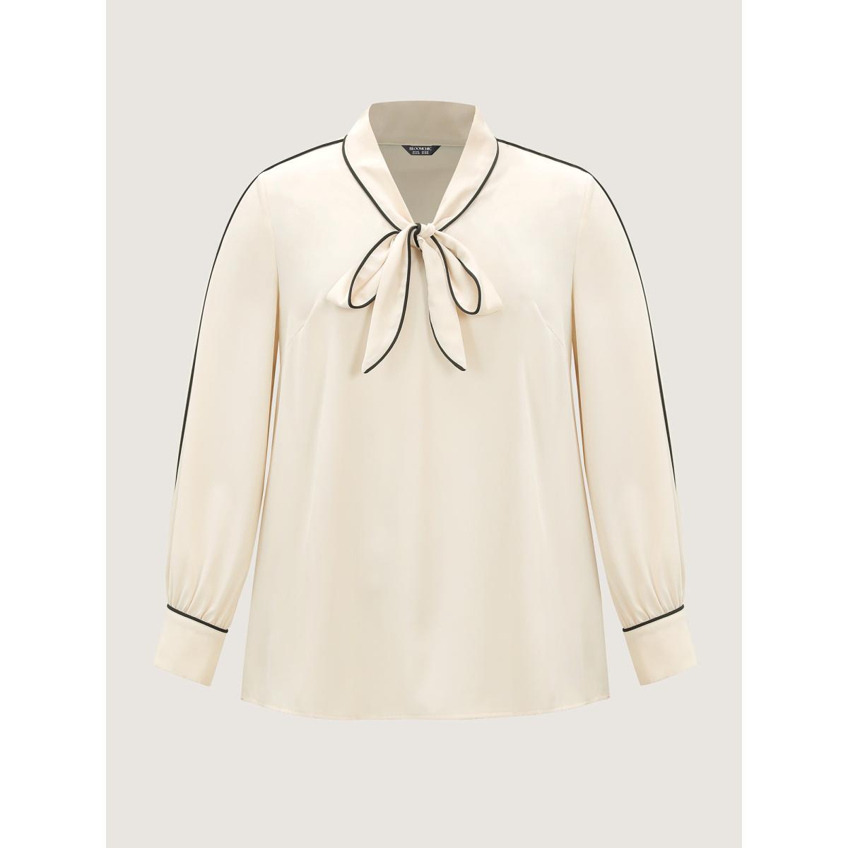 Plus Size Apricot Bowknot Neckline Color Contrast Blouse Women Timeless Long Sleeve Ribbon-tied collar Elegant Blouses BloomChic 10/M Product Image