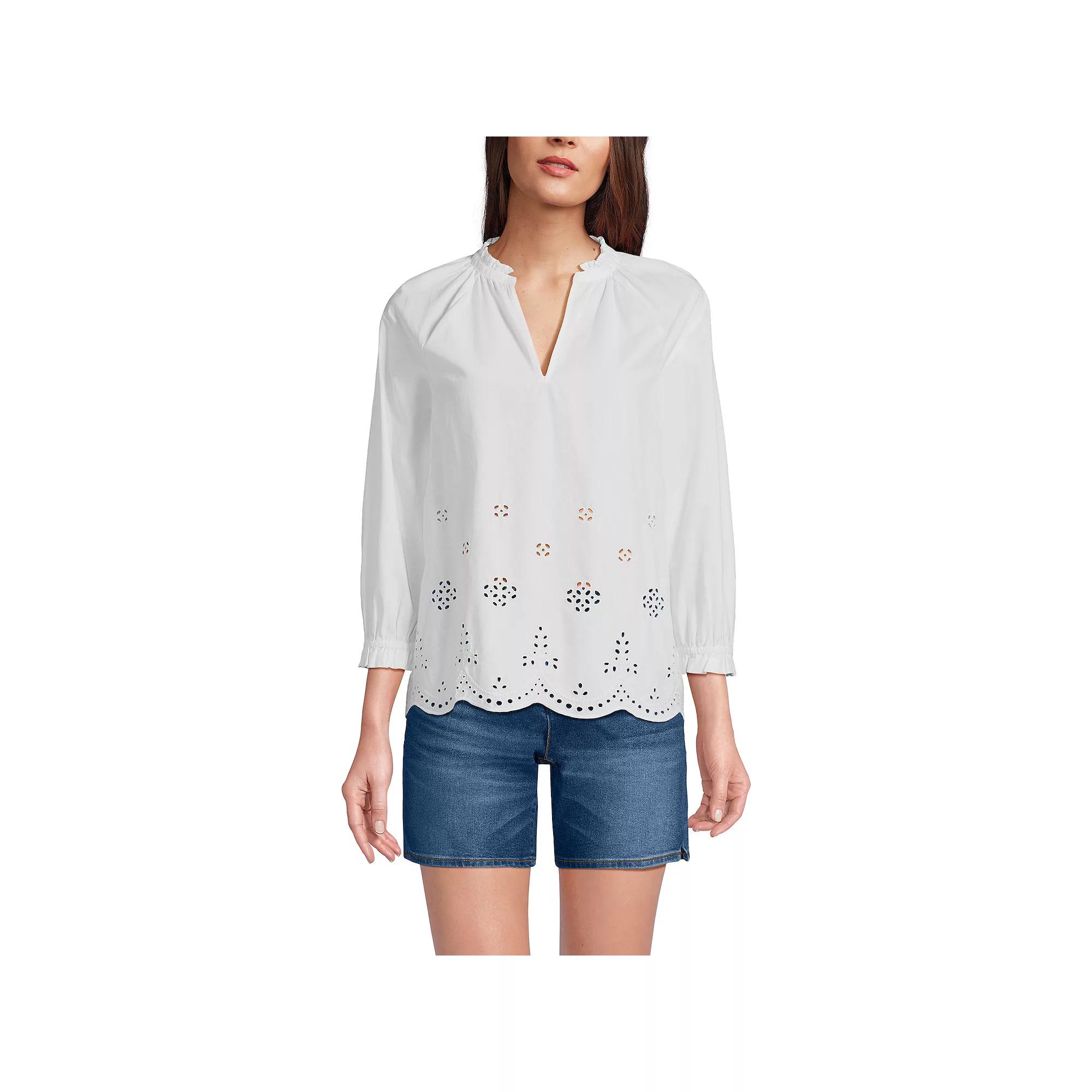 Women's Lands' End Eyelet Split Neck Shirt, Size: Medium, White Product Image