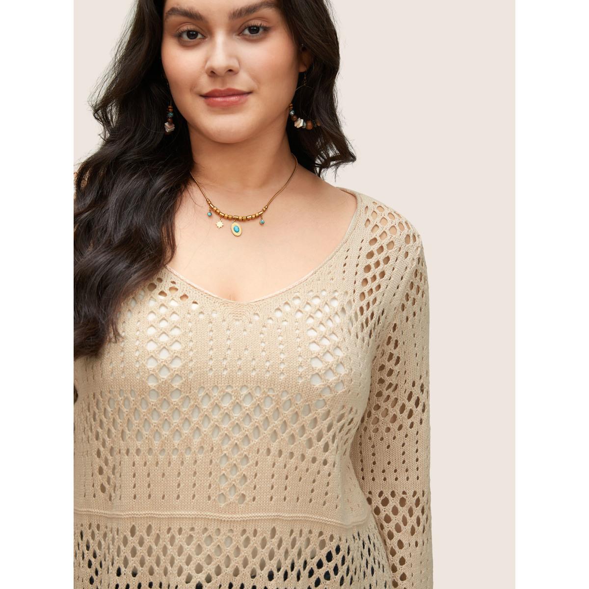 Plus Size Plain Cable Knit Scoop Neck Bell Sleeve Pullover Apricot Women Casual Long Sleeve Scoop Neck Everyday Pullovers BloomChic 10/M Product Image