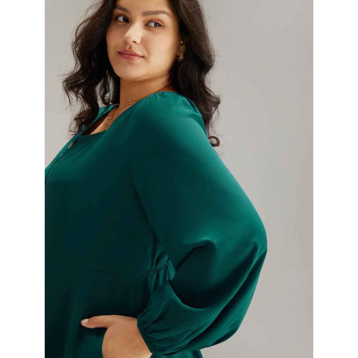 Plus Size Twill Square Neck Button Detail Lantern Sleeve Dress Teal Women Office Elastic cuffs Square Neck Long Sleeve Curvy Midi Dress BloomChic 14-16/1X Product Image