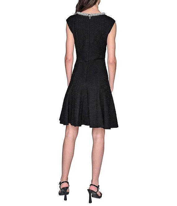 KARL LAGERFELD PARIS Stretch Texture Tweed Crew Neck Cap Sleeves Embellished Fit & Flare Midi Dress Product Image