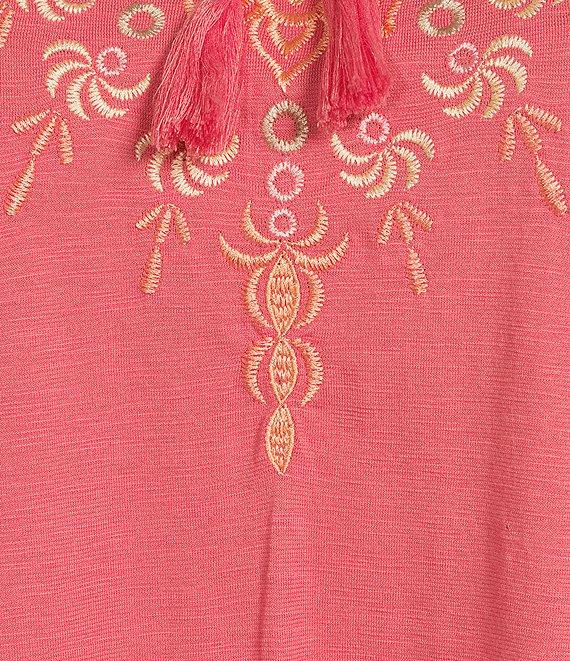 Allison Daley Plus Size Embroidered 3/4 Sleeve Split V-Neck Sweater Product Image