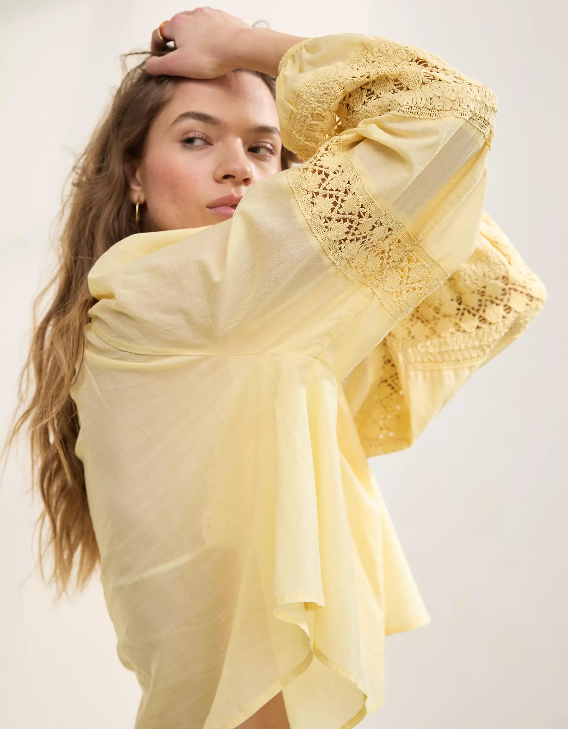 Aerie Long Sleeve Crochet Button Down Shirt Product Image