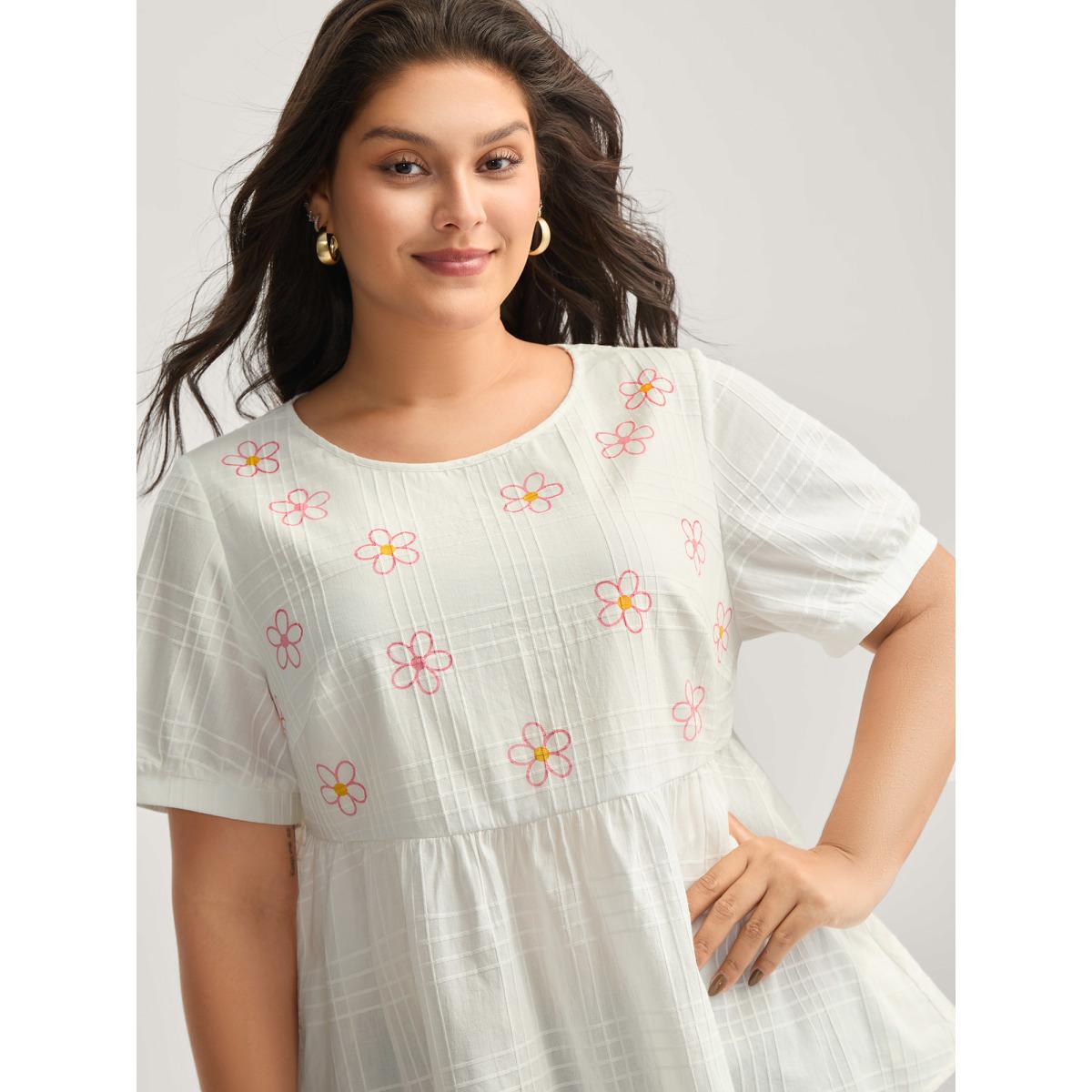 Plus Size WhiteSmoke Cotton Colorful Embroidery Crisscross Solid Blouse Women Short sleeve Round Neck Everyday-Casual Blouses BloomChic 28/5X Product Image