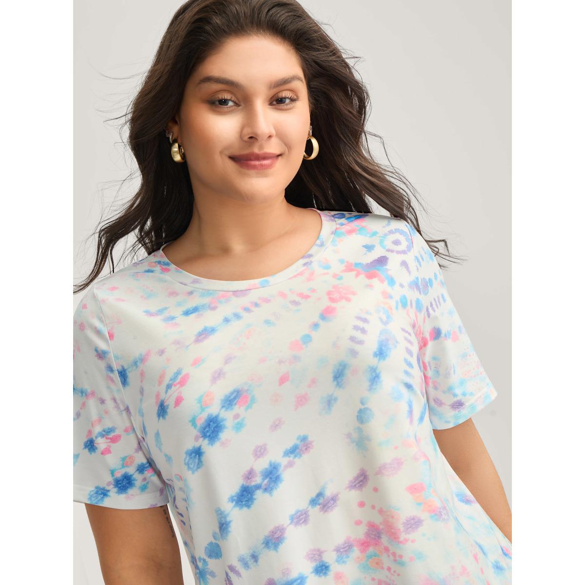 Plus Size Tie-Dye Ombre Round Neck T-Shirt Multicolor Women Playful Contrast Round Neck Casual T-shirts BloomChic 28/5X Product Image