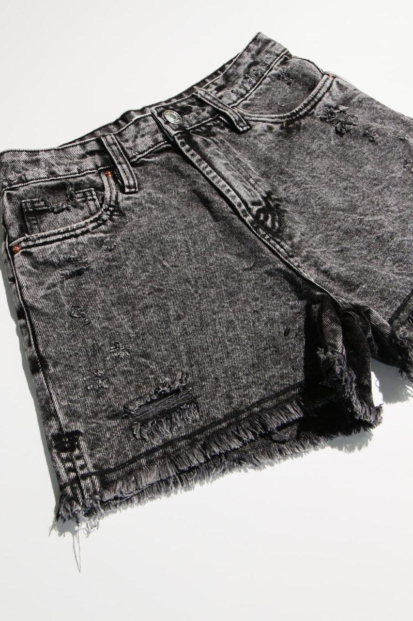Black Washed High Rise Frayed Denim Shorts Product Image