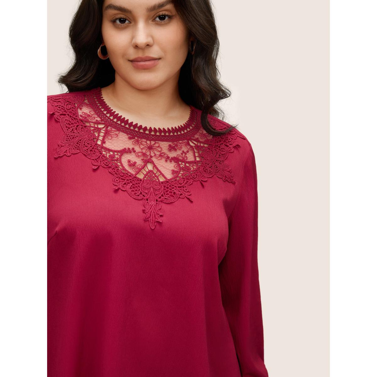 Plus Size Scarlet Lace Patchwork Shirred Crinkle Gauze Blouse Women Elegant Long Sleeve Round Neck Everyday Blouses BloomChic 26/4X Product Image