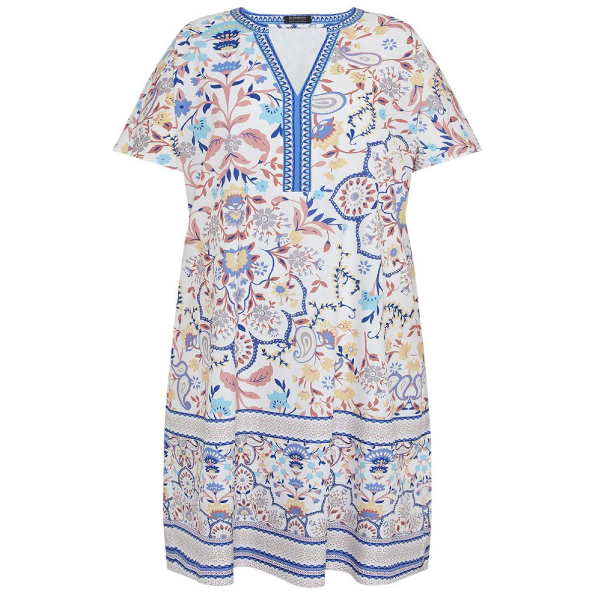 Plus Size Boho Print Pocket Notched Ruffle Hem Dolman Sleeve Dress LightBlue Women Vacation Notched collar Short sleeve Curvy Knee Dress BloomChic 28/5X Product Image