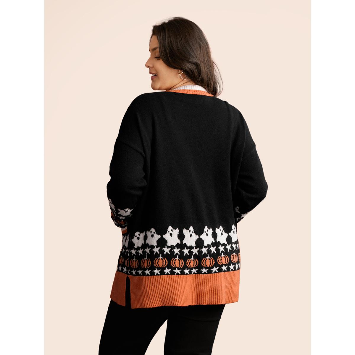 Plus Size Supersoft Essentials Happy Hauntings Contrast Placket Cardigan Black Women Casual Loose Long Sleeve Everyday Cardigans BloomChic 14-16/1X Product Image