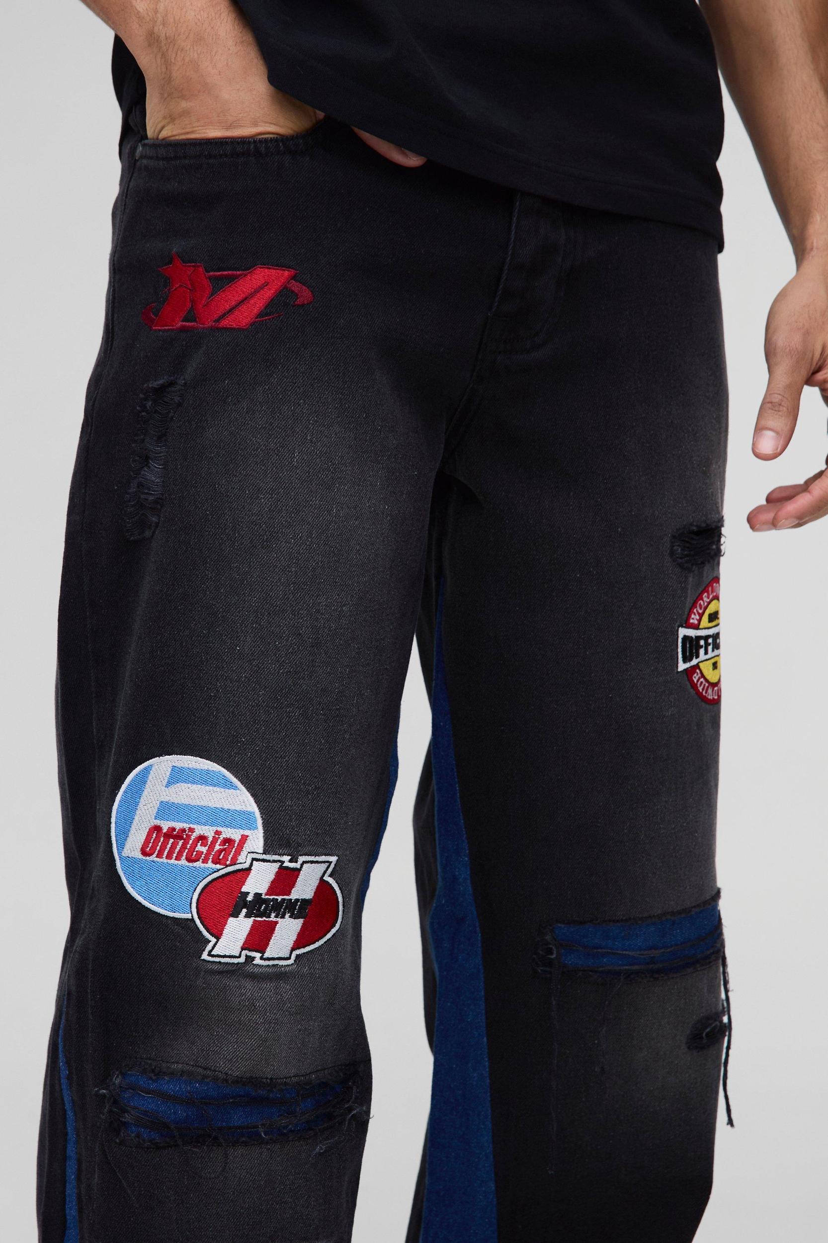 Relaxed Ripped Moto Badge Gusset Jeans | boohooMAN USA Product Image