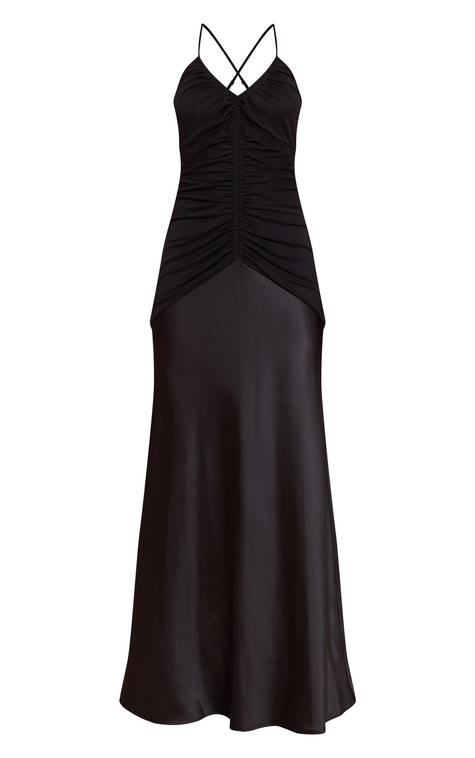 Black Ruched Detail Satin Maxi Slip Dress Product Image