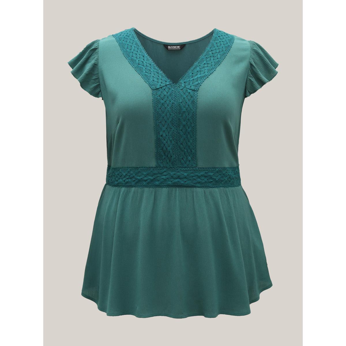 Plus Size Emerald Lace Trim Perfect-Fit Solid Blouse Women Cap Sleeve V-neck Elegant Blouses BloomChic 12/L Product Image