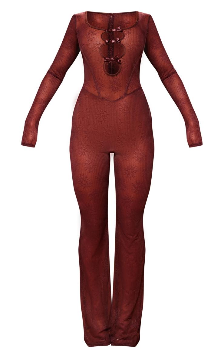 Chocolate Lace Cut Out Bow Detail Long Sleeve Jumpsuit Product Image
