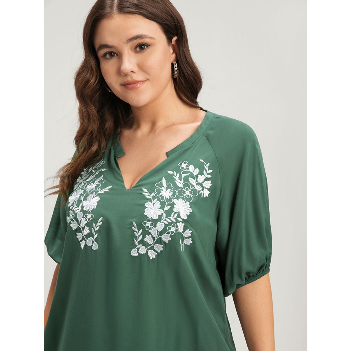 Plus Size Green Floral Embroidered Puff Sleeve V Neck Blouse Women Elegant Half Sleeve V-neck Dailywear Blouses BloomChic 10/M Product Image
