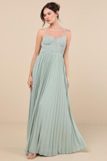 Admirable Elegance Sage Green Pleated Bustier Maxi Dress Product Image