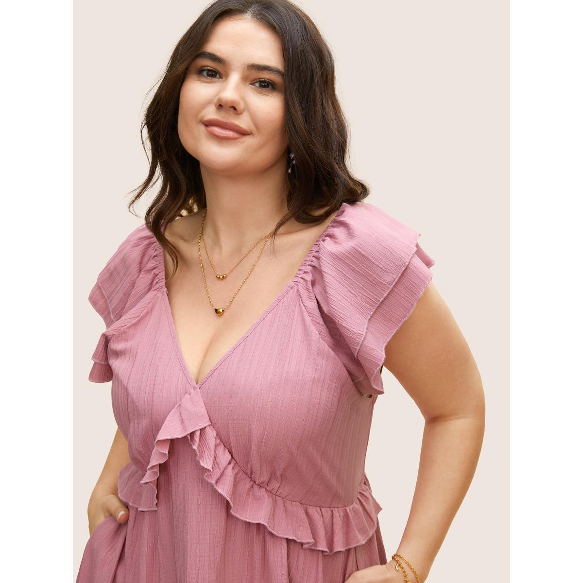 Plus Size Plain Textured Tiered Ruffle Sleeve Dress Beanpastepowder Women Elegant Tiered V-neck Cap Sleeve Curvy BloomChic 12/L Product Image
