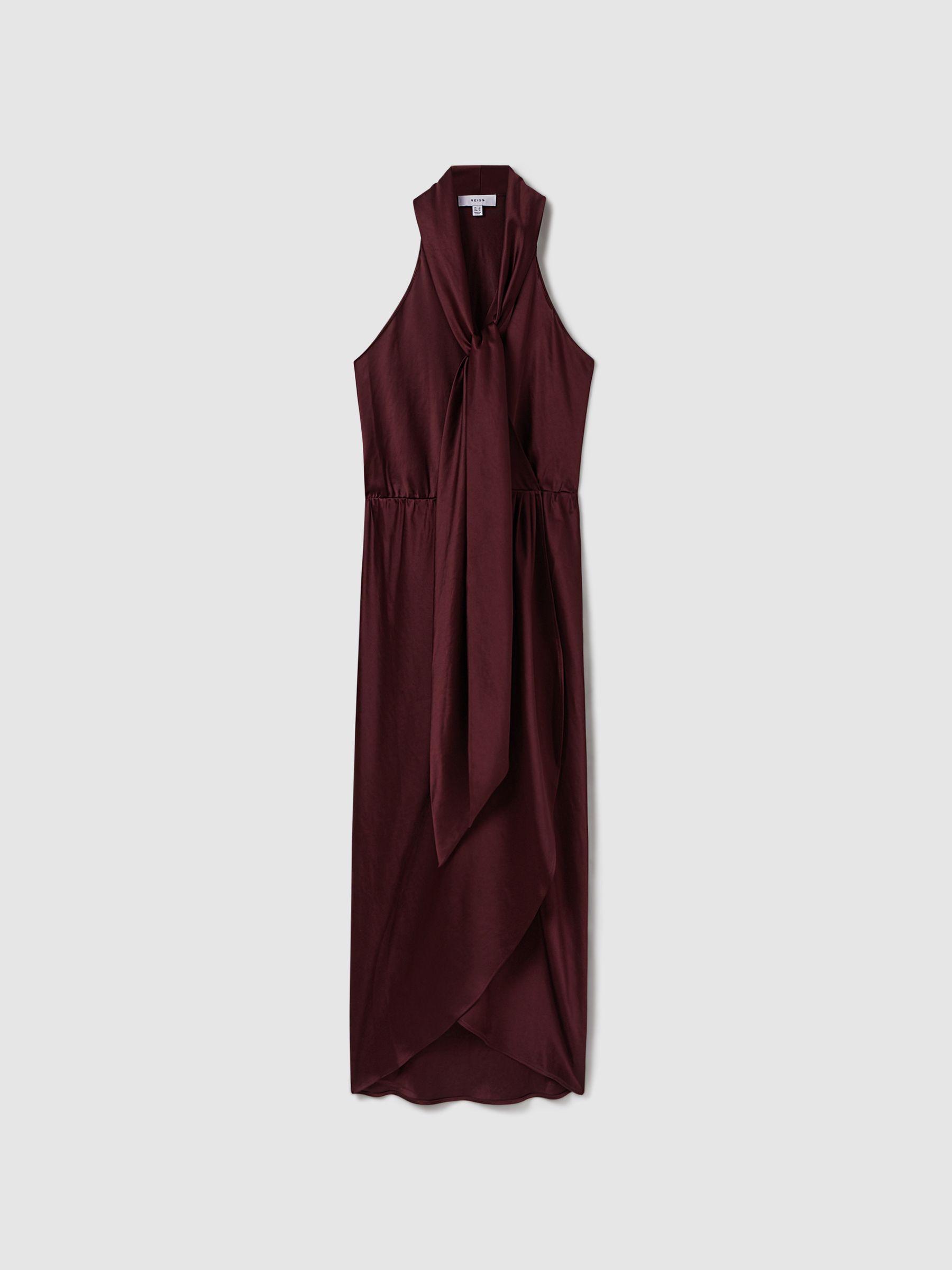 Satin Wrap Front Midi Dress in Burgundy Product Image