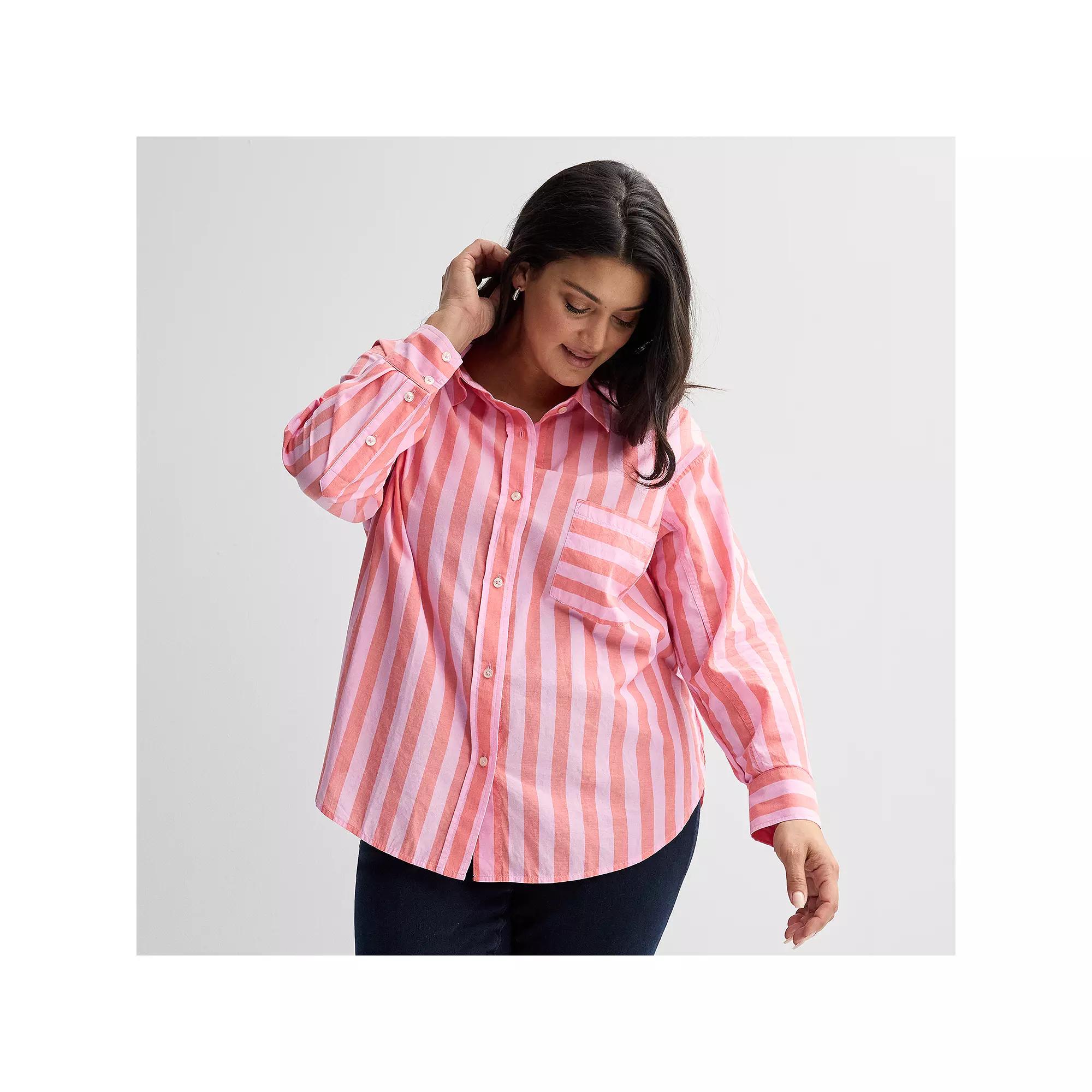 Plus Size Sonoma Goods For Life Oversized Boyfriend Shirt, Womens Peach Pink Stripe Product Image