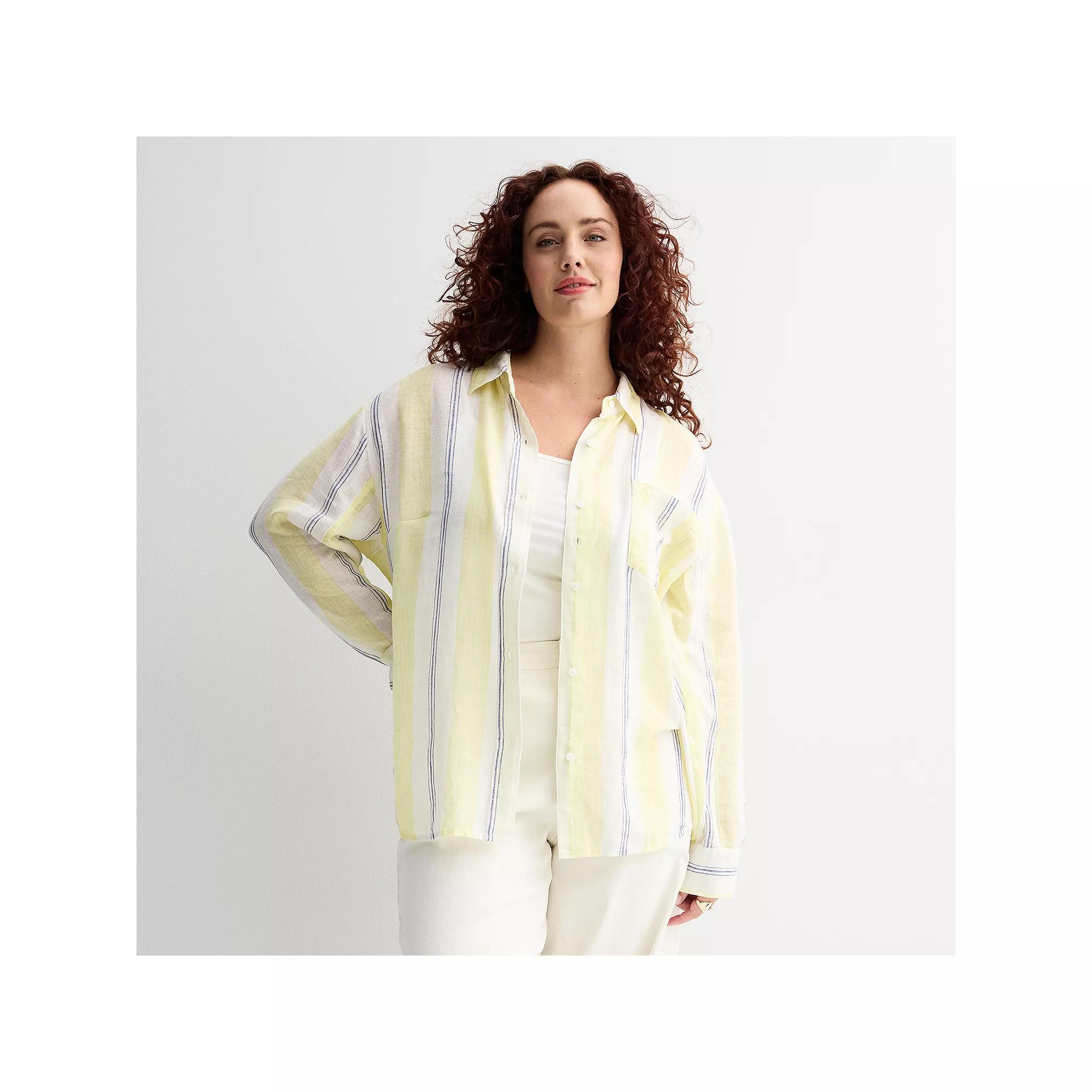 Plus Size Sonoma Goods For Life® Oversized Linen-Blend Boyfriend Shirt, Women's, Size: 4XL, Yellow Blue Stripe Product Image