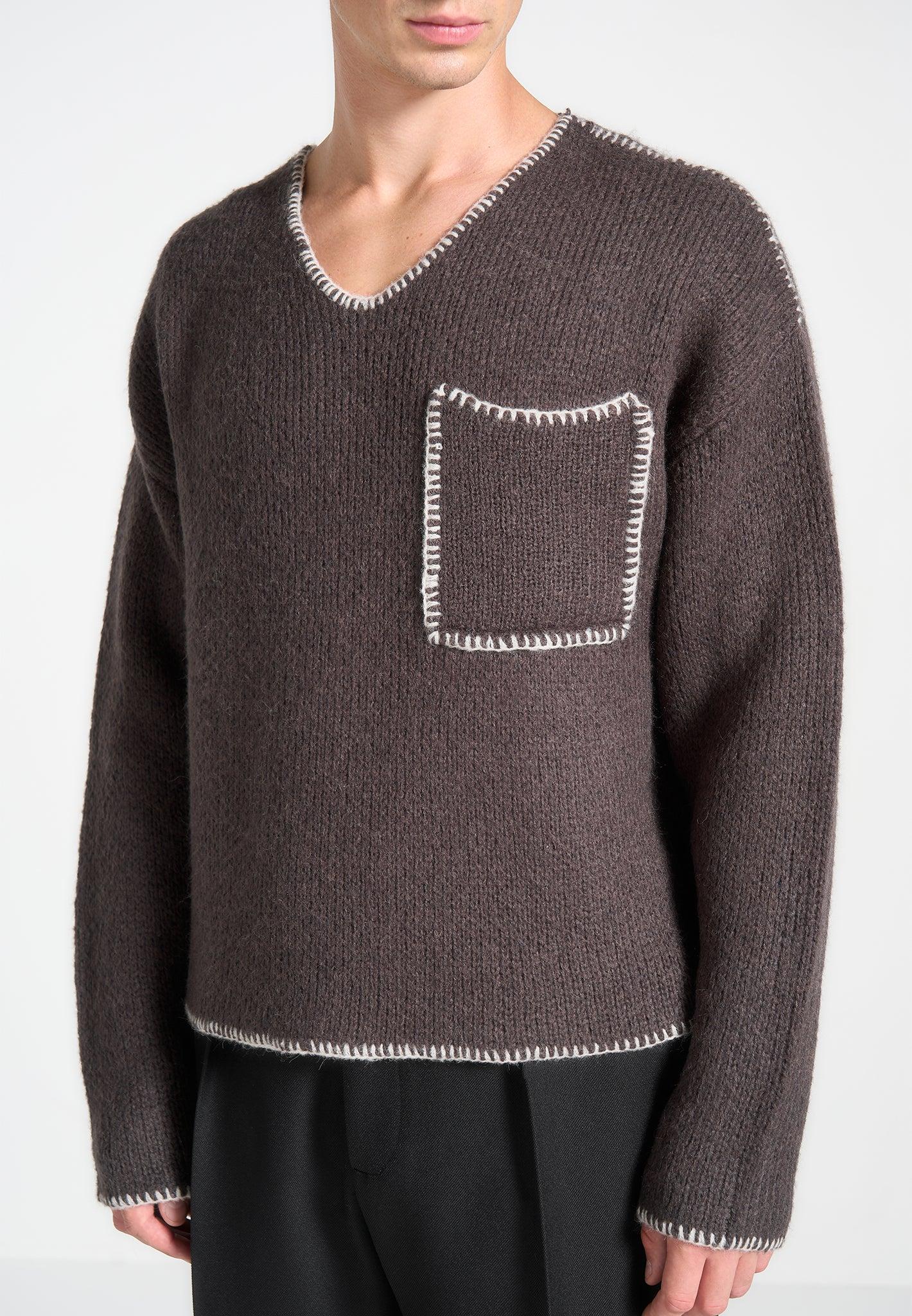 Mohair Knit Whipstitch V Neck Jumper - Brown Male Product Image