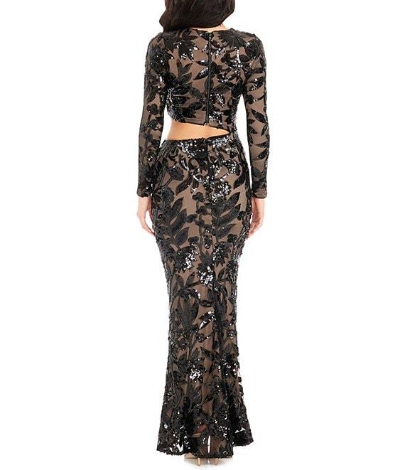 Dress the Population Candace Floral Sequin Mesh Round Neck Long Sleeve Cutout Gown Product Image