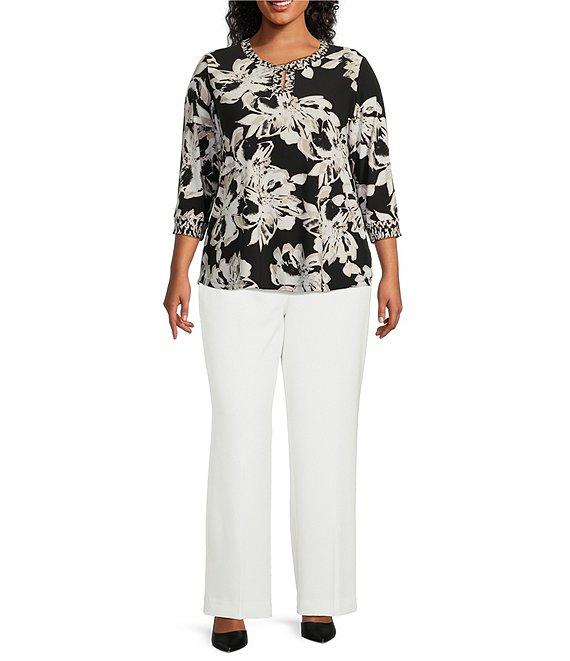 Kasper Plus Size Floral Twist Neck Mix Media Blouse Product Image