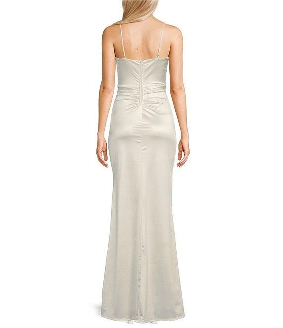 Honey and Rosie Sweetheart Drape Neck Illusion Mesh Corset Front Slit Long Dress Product Image