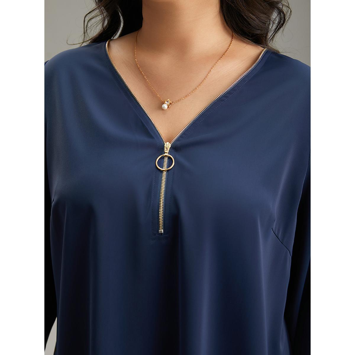 Plus Size Aegean Static-Free Plain Zipper Elastic Cuffs Blouse Women Office Long Sleeve V-neck Office Blouses BloomChic 22-24/3X Product Image