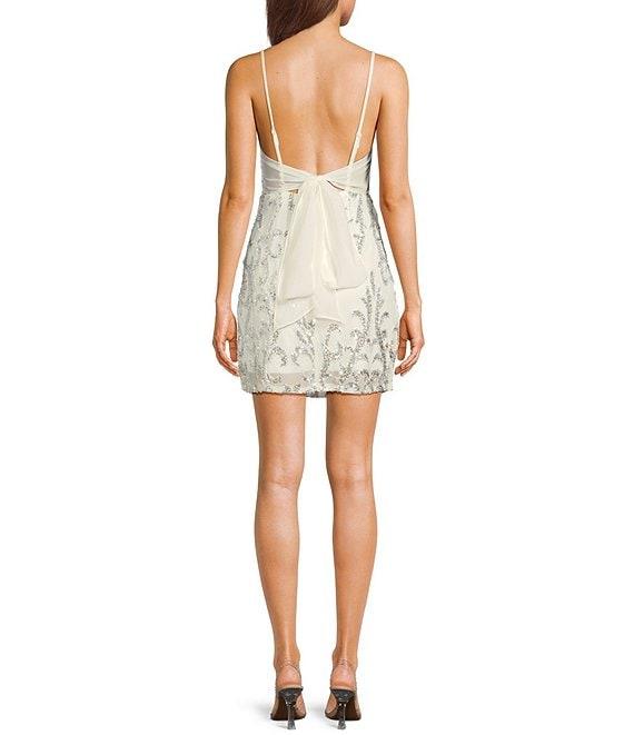 Jump Beaded Sequin Pattern V-Neck Spaghetti Strap Tulle Tie Back Dress Product Image