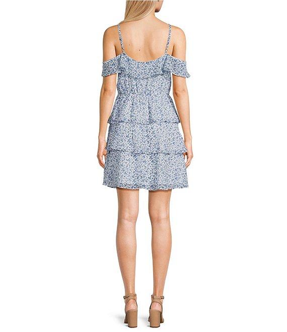 I.N. San Francisco Floral V-Neck Off The Shoulder Flutter Sleeve Triple Tiered Dress Product Image