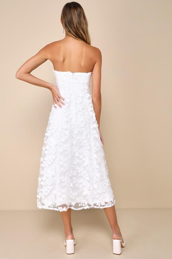 Quite Perfect White Floral Embroidered Strapless Midi Dress Product Image
