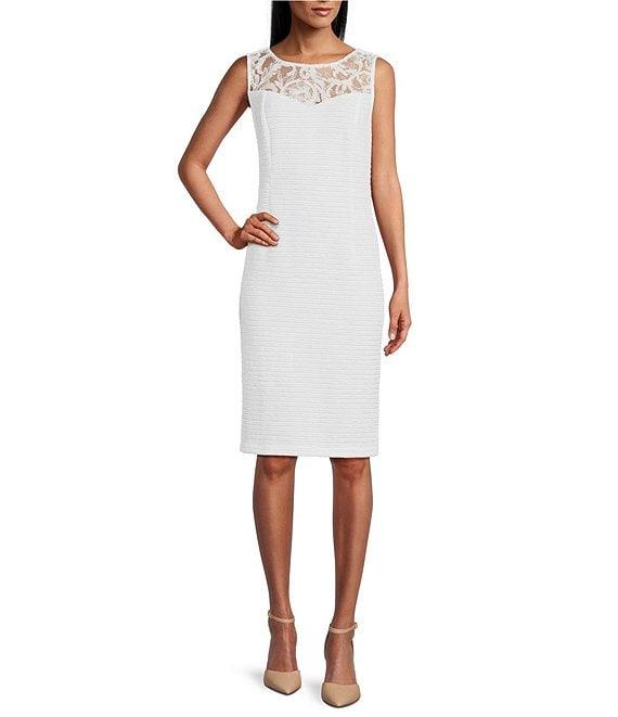 Le Bos Round Neck 3/4 Sleeve Embroidered Mesh Trim Textured 2-Piece Jacket Dress Product Image