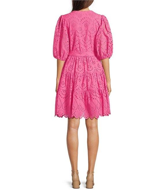 Gibson & Latimer Eyelet Split Round Neck Elbow Puff Sleeve Button Down Belted Scallop Hem Pocketed A-Line Dress Product Image