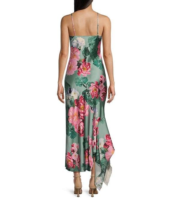 Honey and Rosie Floral Print Satin Slip V-Neck Handkerchief Hem Dress Product Image